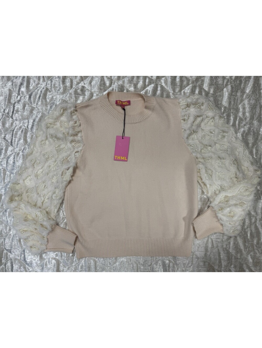 THML Cream Sweater Size L Lace Fringe Statement Sleeves Crewneck NWT - Picture 4 of 7